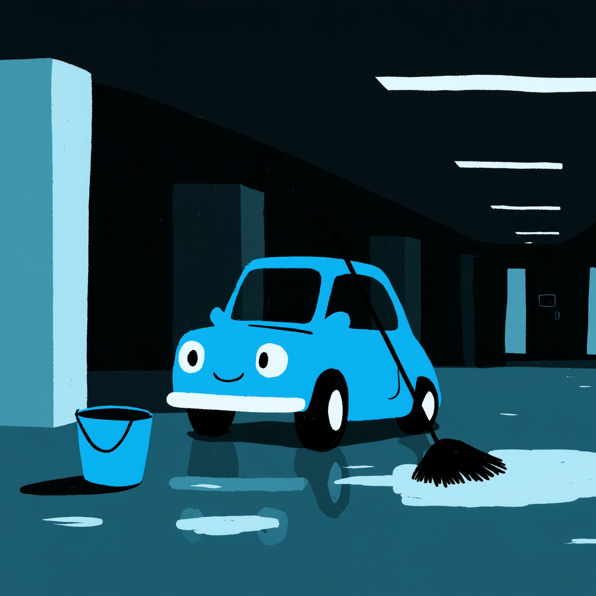 kuulufi_Blue_cartoon_car_happily_mopping_parking_hall_floor_buc_fce56742-980b-4fb3-9abb-d004051656e9